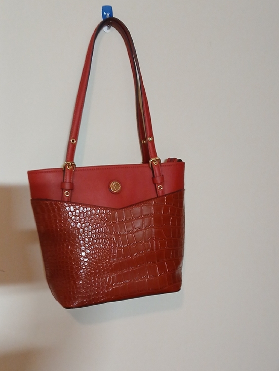 Anne Klein Handbags - Anne Klein Red Croc-Embossed Tote Bag with Gold Accent